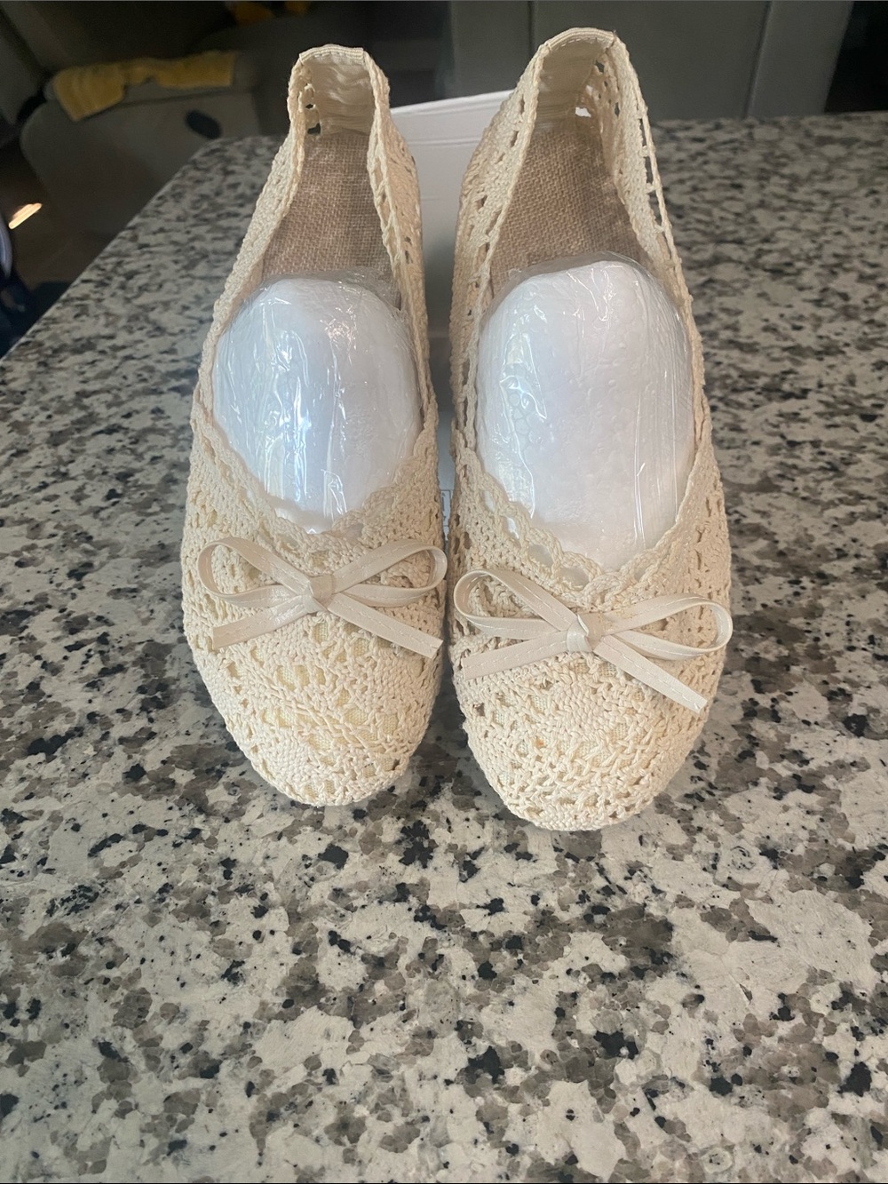 Lace Crochet Ballet Flats in Cream - Women's Slip-On Shoes